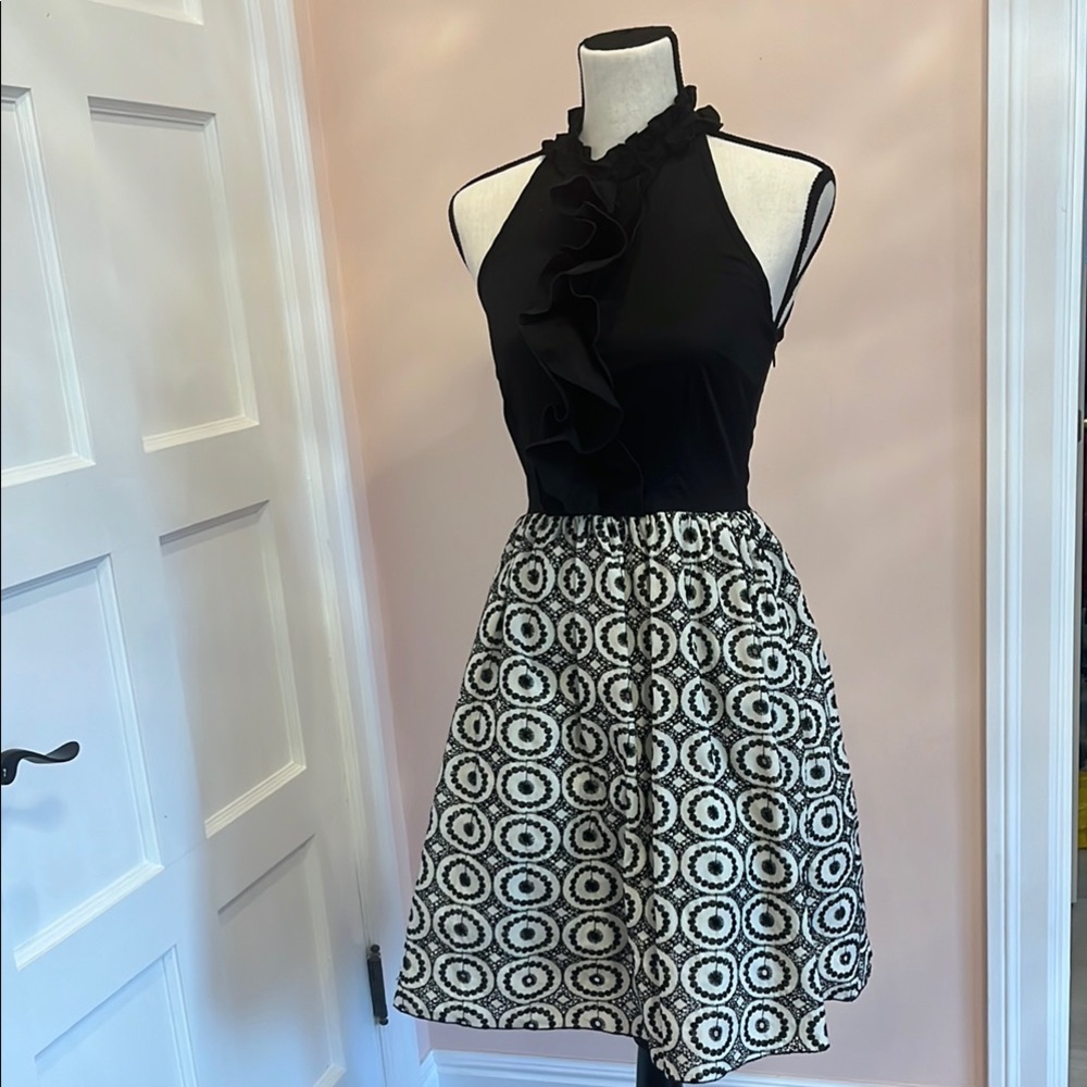 Black and White Halter Dress with Ruffle Detail